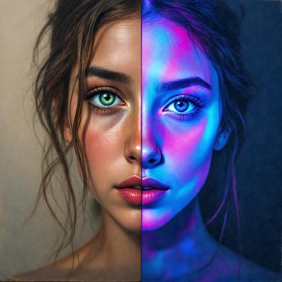 The primary subject of the image is a woman with two different colored eyes. One eye is blue, and the other is green. The setting is a room with a blue background. The visual style is a digital art or illustration, creating a unique and striking appearance. The colors and mood of the image are predominantly blue, giving it a calm and serene atmosphere.
